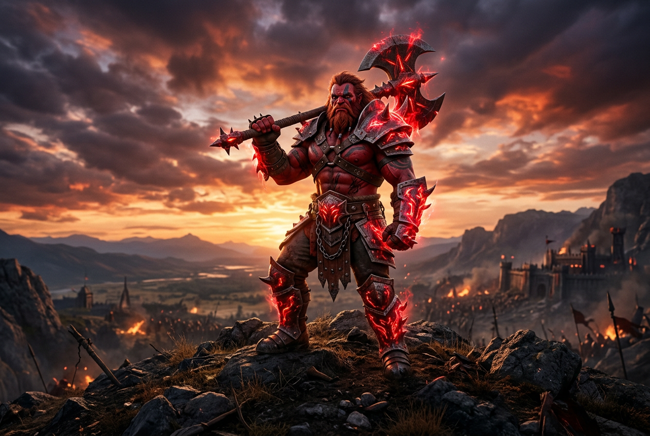 Axe standing triumphantly with red glowing armor and a massive axe