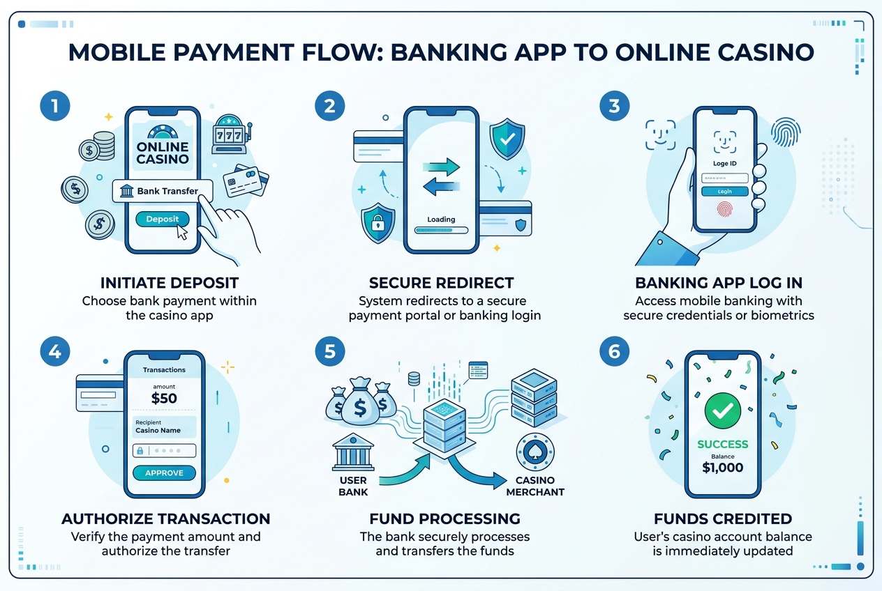 Infografika pokazująca proces płatności w 6 krokach od telefonu do kasyna
