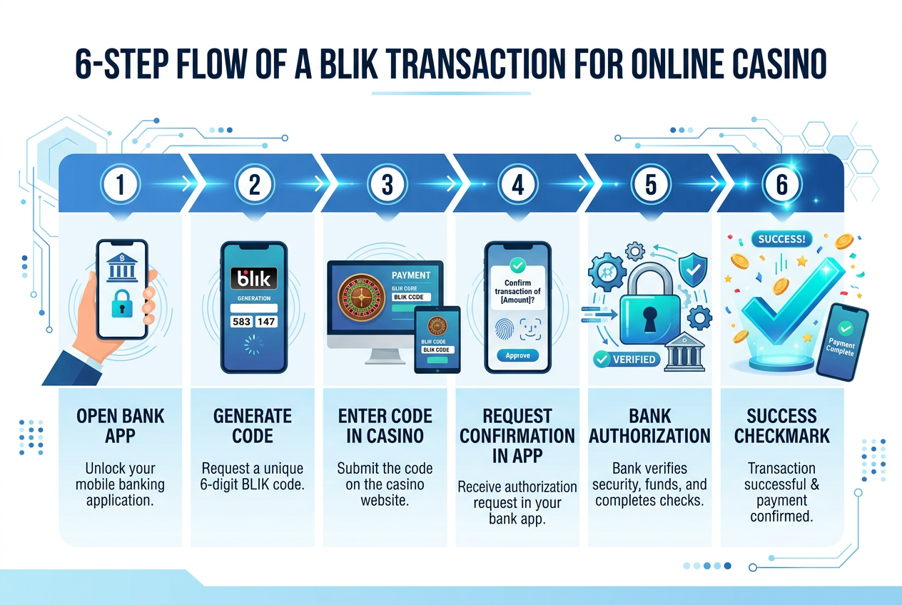 Infografika przedstawiająca kroki transakcji BLIK w 6 punktach