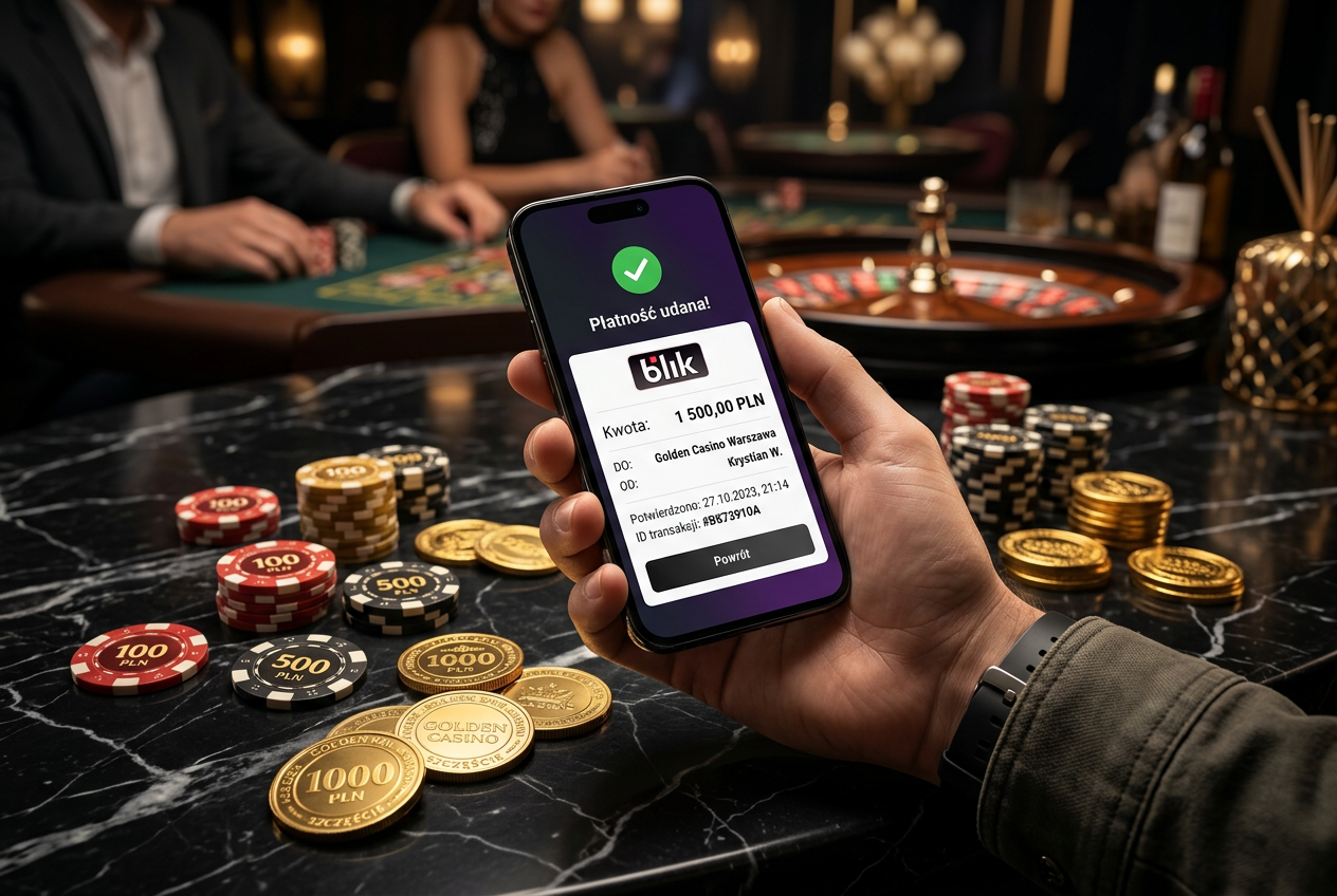 Smartphone displaying a successful BLIK transaction next to casino chips