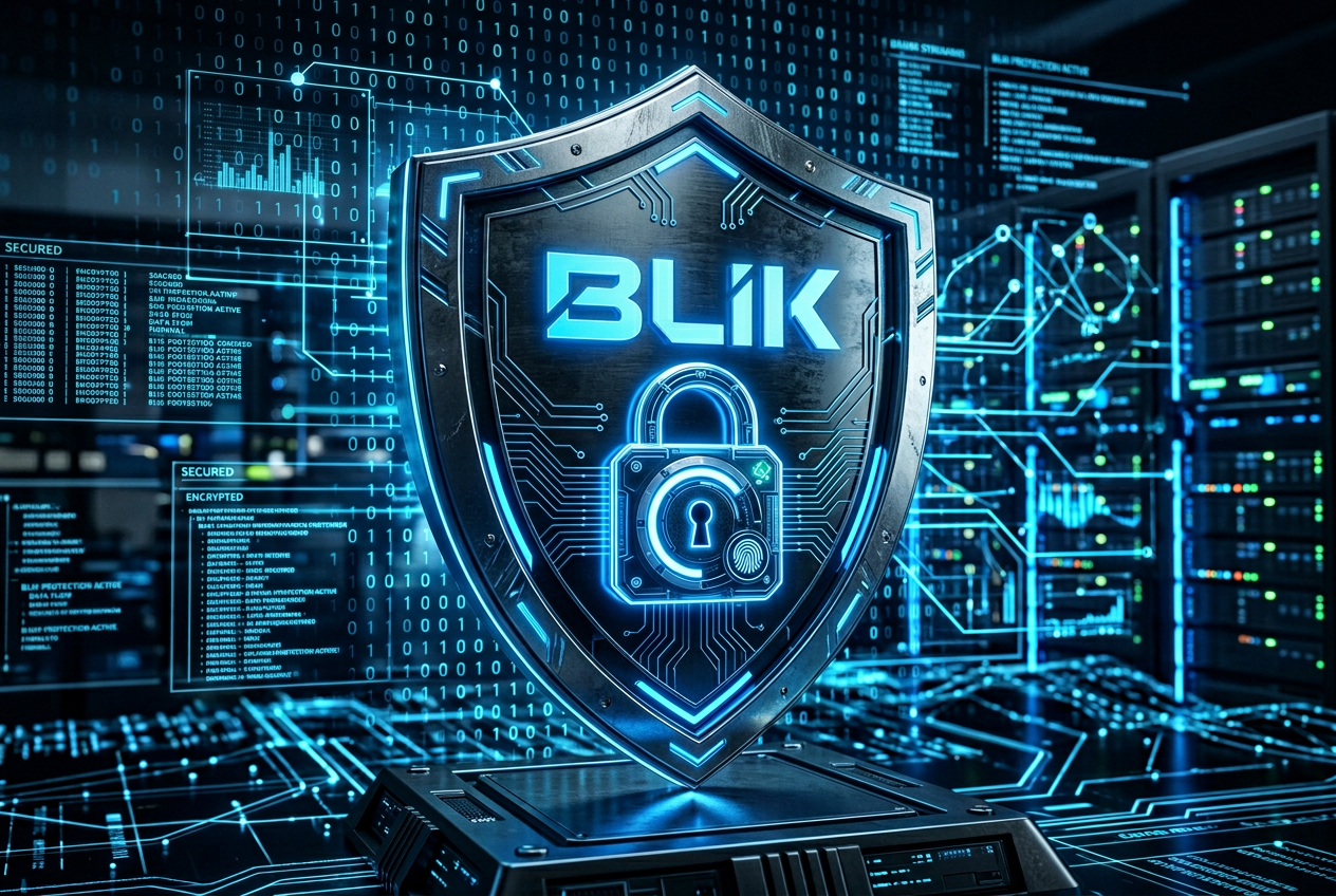 Metallic security shield with a digital lock icon and the BLIK logo representing payment safety