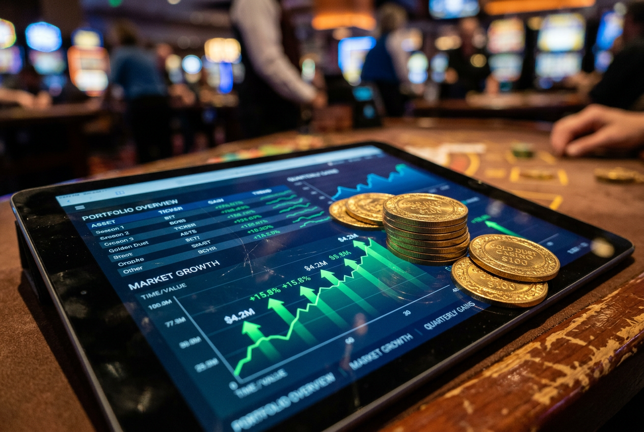 Złote żetony kasynowe i wykresy finansowe na tablecie