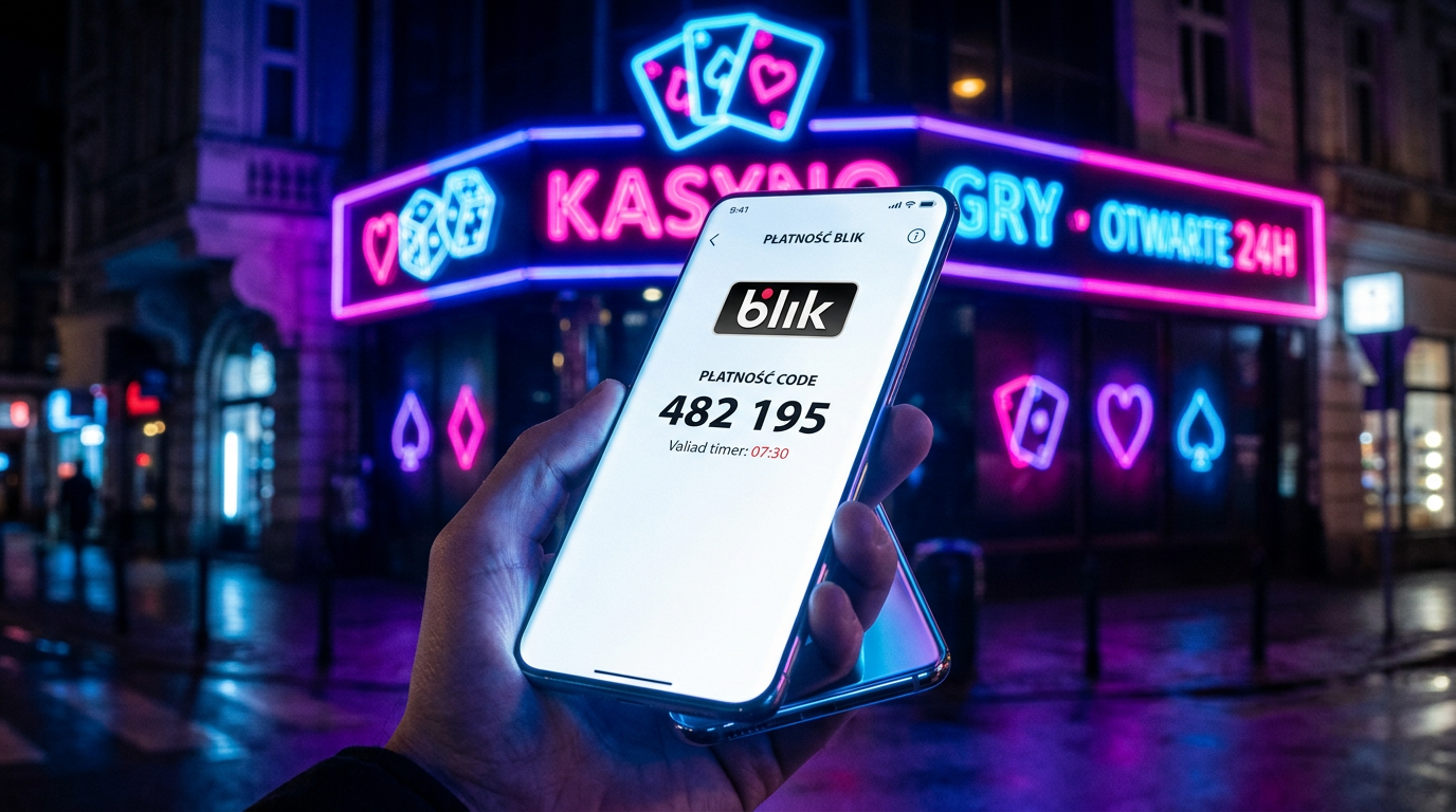 Smartfon z aplikacją BLIK na tle neonowych symboli kasyna online