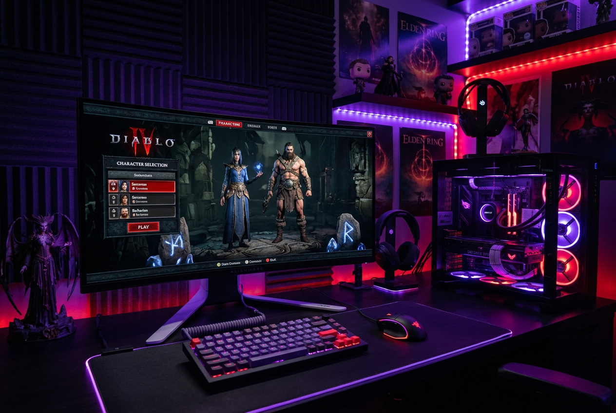 A dedicated gaming setup with Diablo 4 running on the monitor, featuring RGB lighting and high-end peripherals