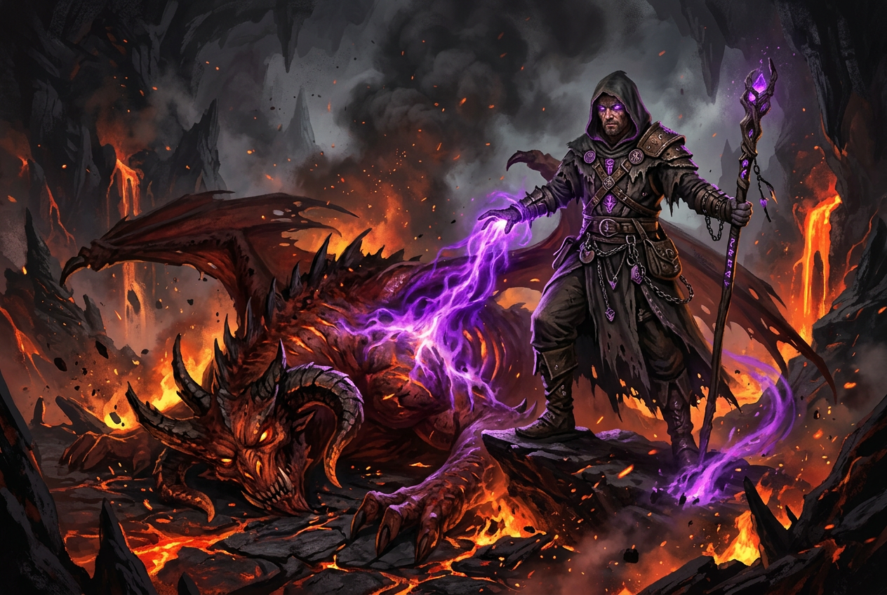 Concept art of a Warlock standing over a defeated Balrog with purple soul energy swirling around
